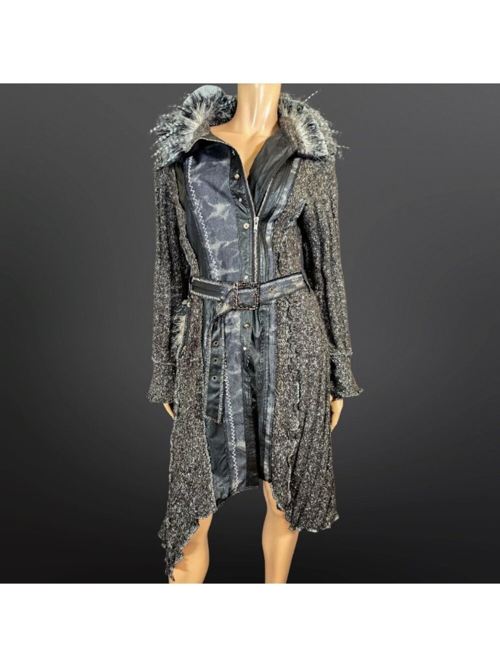 Vintage Bellisima Avant Garde Gray Long Belted Cardigan Knit Jacket Grunge Fairy